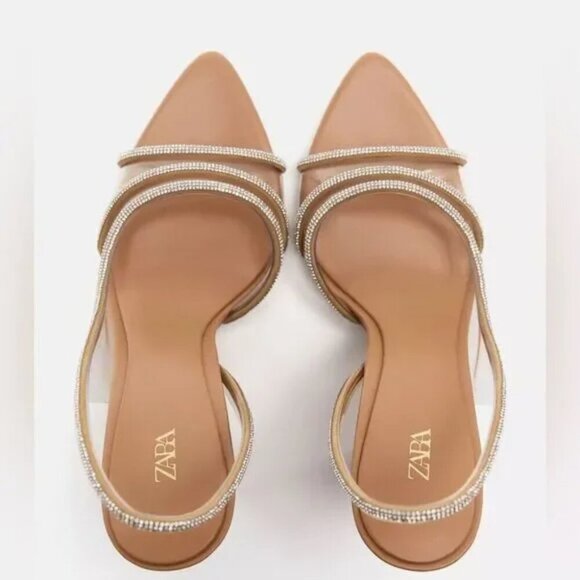 Zara Clear Vinyl Rhinestone Pointy Slingback Sandal Heels Size 39/8 - Picture 9 of 10